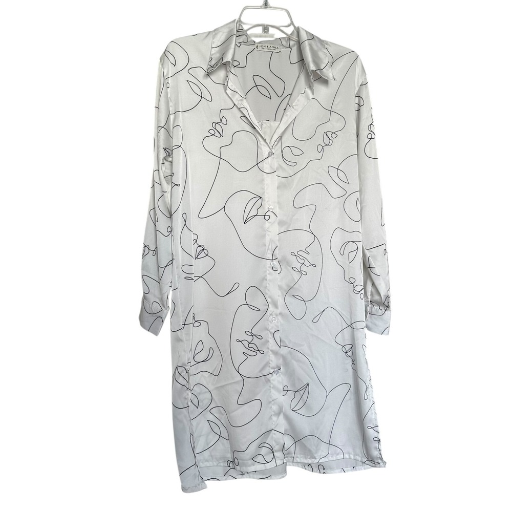 Contemporary Womens Faces Long Shirt Dress Duster Sz M White Abstract Art Deco